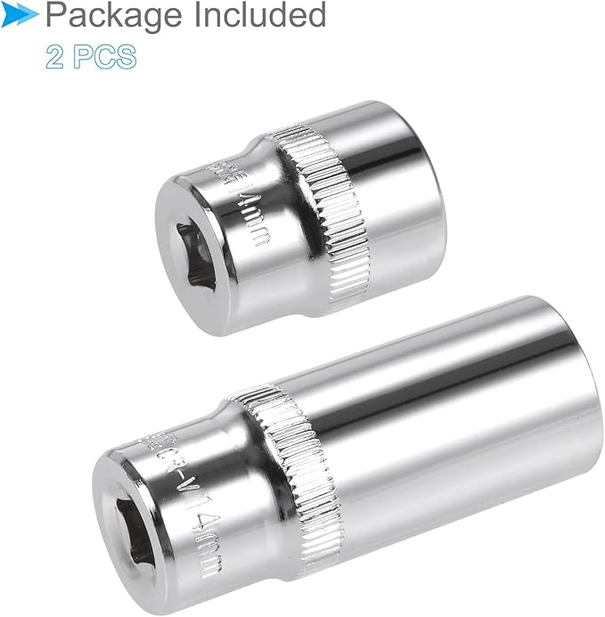 6-Point Socket, 1/4" Drive 14mm Deep, Polished Chromed CR-V Metric Deep and Shallow Impact Socket - (Applications: for Ratchet Torque Electric Wrenches Car Repair), 2-Pieces