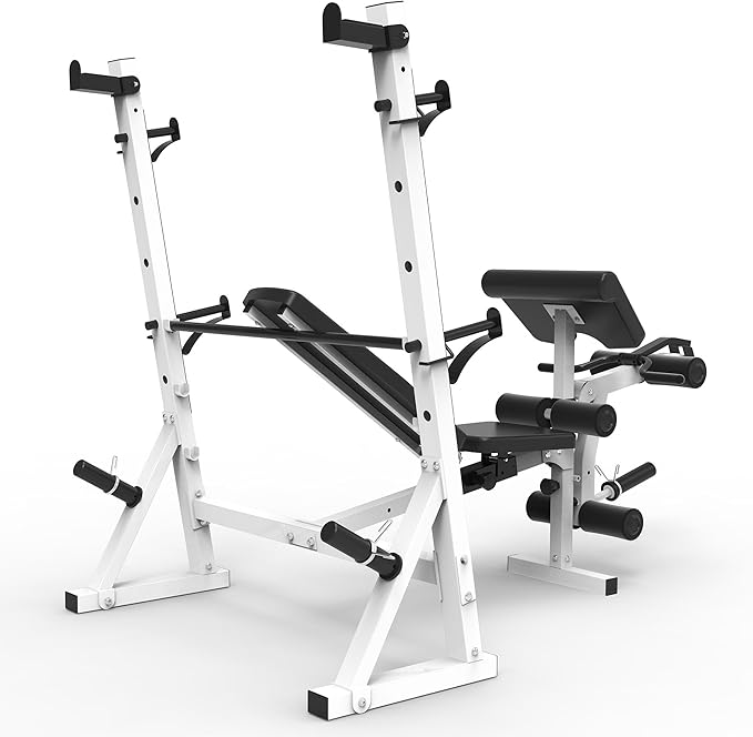 Marcy Olympic Workout Bench for Home Gym Strength Training Equipment with Preacher Curl Pad and Weight Rack Storage, White/Black
