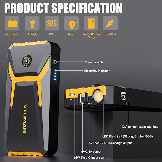 VTOMAN V6 Pro Jump Starter, 2000A Car Battery Jumper Starter Portable for 7L Gas/5L Diesel Engines, Jump Box,12V Auto Jump Start Battery Pack, Lithium Booster Pack, Portable Charger and Jumper Cables