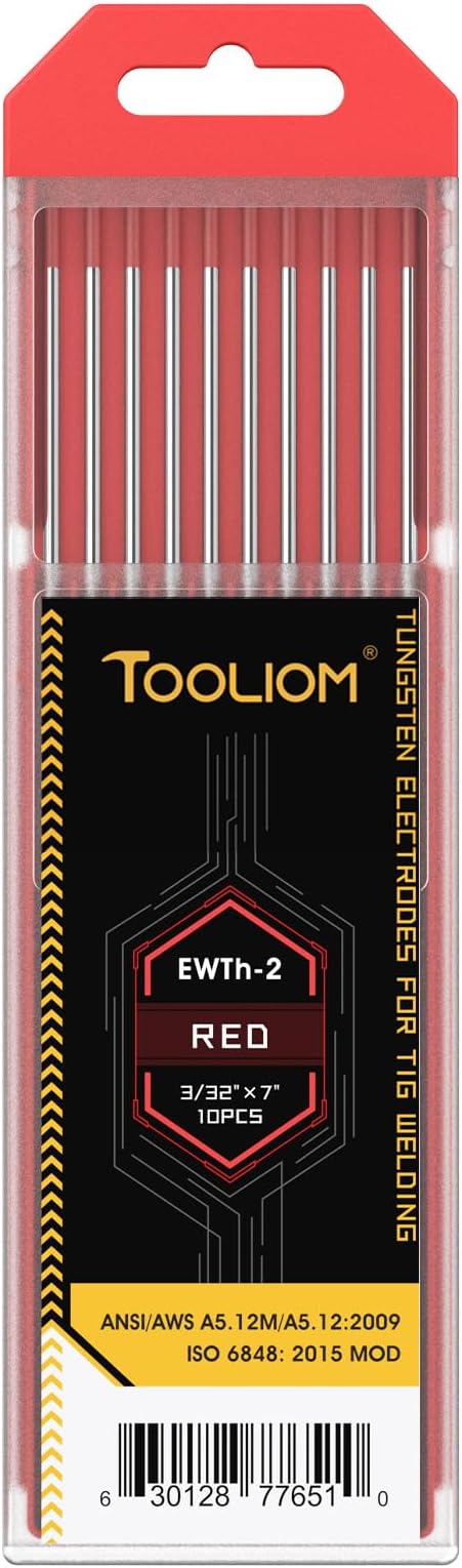 TOOLIOM TIG Tungsten Welding Tungsten Electrodes Tungsten 3/32” x 7” (Red,Ewth-2) 10-Pack