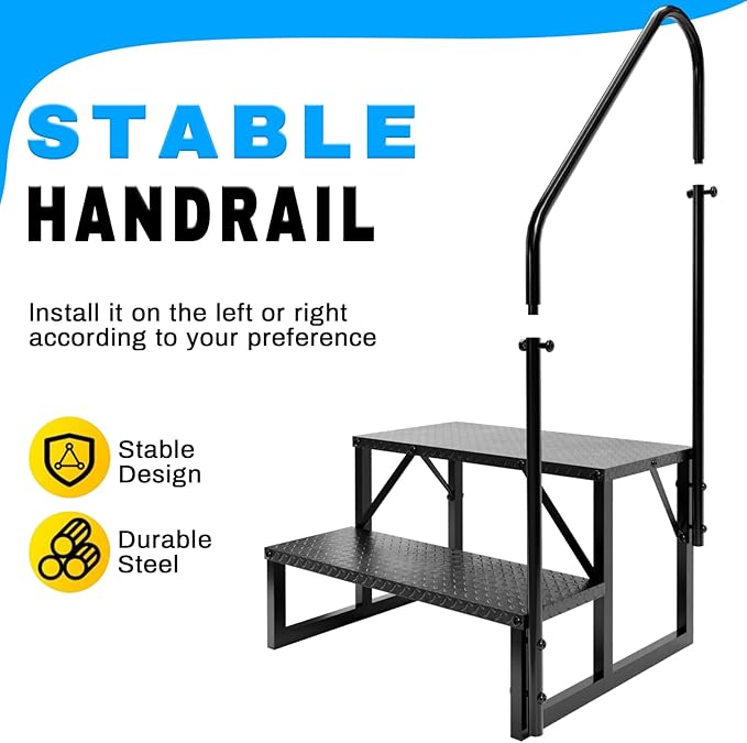 RV Steps with Handrail, 2 Steps Ladder Hot Tub Steps with Handrail, Portable Mobile Home Stairs Outdoor RV Stairs for 5th Wheel RVs
