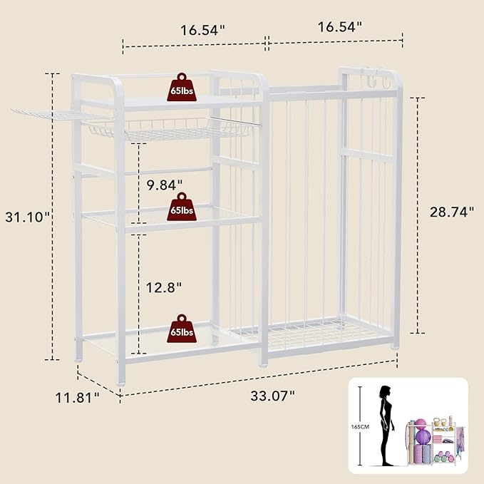 Home Gym Storage Rack - Exercise Equipment Storage Organizer for Yoga Mat Dumbbells Kettlebells Foam Roller & Resistance Bands, Ideal Yoga Mat Holder & Workout Equipment Organizer(White)