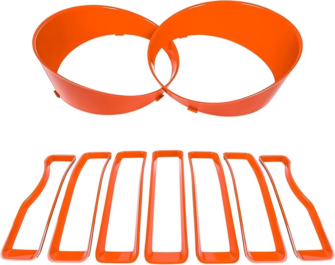 Front Grille Mesh Inserts & Headlight Cover for Jeep Wrangler JL JLU Unlimited Sport/Sports 2018-2023 Exterior Accessories Clip-in Grille Guard Cover Headlight Bezels Trim Ring (Orange 9PCS)