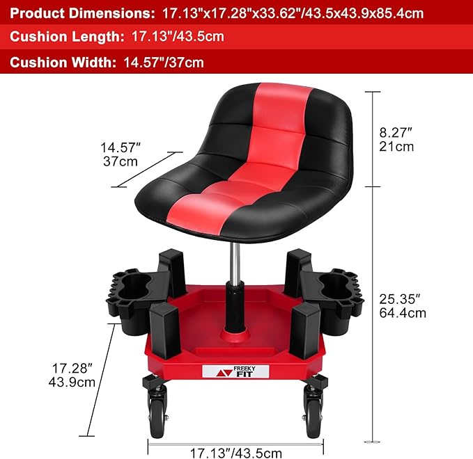 Rolling Shop Stool with Wheels, Adjustable Garage Mechanic Stool Seat Shop Roller Work Chair Mobile Rolling Seat with Tool Tray, 2 Cup Holders, 4" Casters, 350 LBS, Heavy-Duty, Red