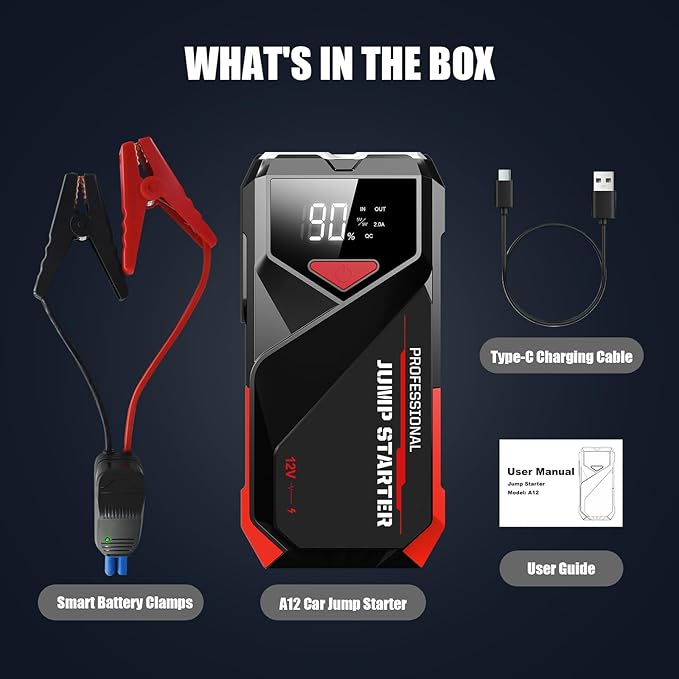 Car Battery Jumper Starter Portable: 2500A Car Jump Starter with LCD Display - 12V Auto Jump Starter Battery Pack with Jumper Cables - Jump Box for Car Battery 8.0L Gas & 7.0L Diesel Engine, Black