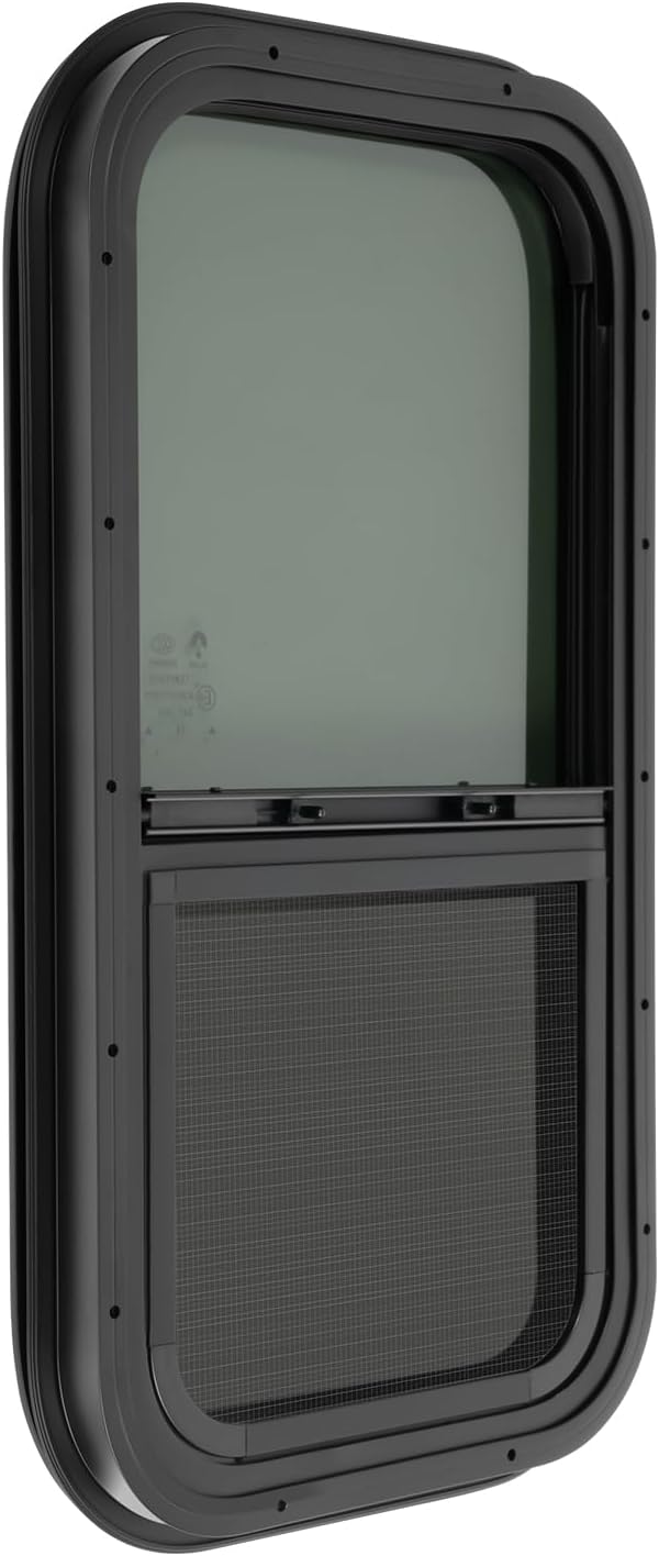 RV Window, 22" X 12" Universal RV Window Vertical Slide W/Trim Ring, Vertical Sliding Glass Window with Screen Window for Cargo, Horse Trailer, Marine Camper Window Replacement (12”x22”)
