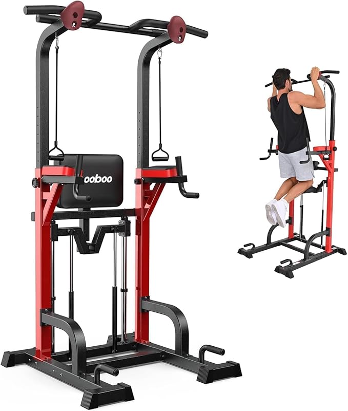 Power Tower Dip Station Pull Up Bar for Fitness Home Gym Workout,Multi-Function Adjustable Height Fitness Strength Training Exercise Equipment,with Power Elastic Ropes (Red Black)