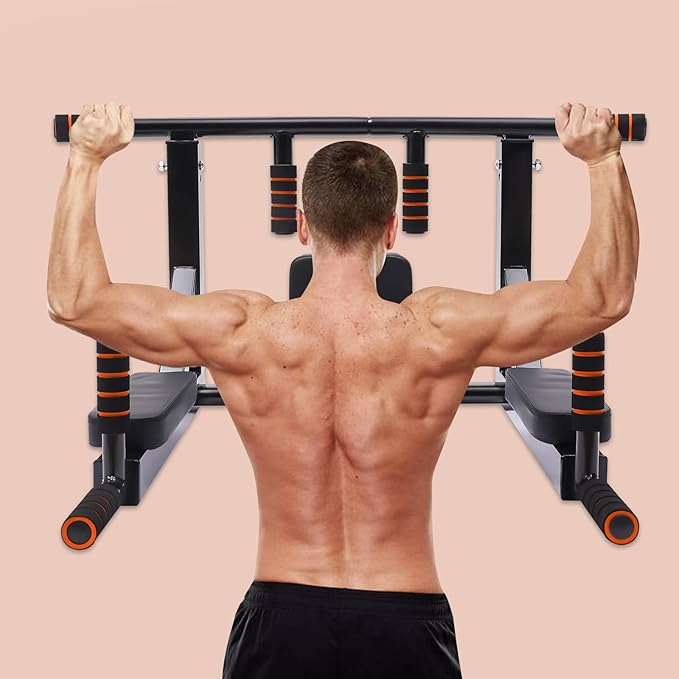 Wall Mounted Pull Up Bar, Adjustable Dip Station with PU Backrest & Anti-Slip Grips, Heavy Duty 440lbs Capacity Chin Up Bar for Home, Gym