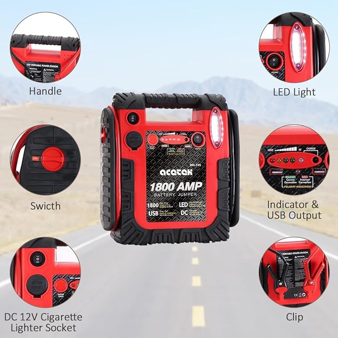 1800 Amp Car Jump Starter, 20000 mAh Emergency Supply Power Pack (Up to 6 L Gas or 6 L Diesel Engine), 12V Auto Lead-Acid Battery Booster with LED Light & USB Ports