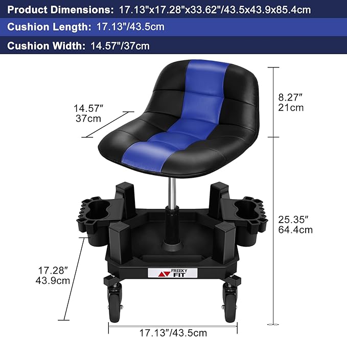 Rolling Stool with Wheels, Adjustable Shop Stool Mechanic Chair Seat Garage Shop Roller Work Chair Mobile Rolling Seat with Tool Tray, 2 Cup Holders, 4" Casters, 350 LBS, Heavy-Duty, Blue