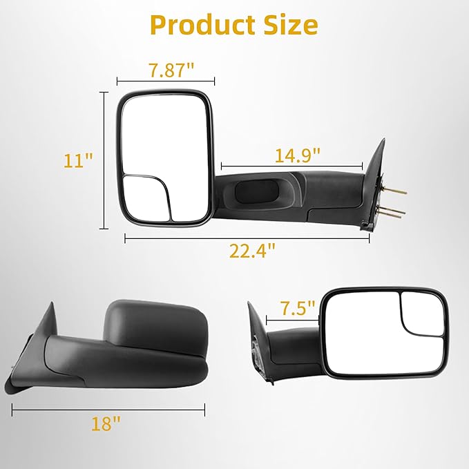 DWVO Towing Mirror fit 1994 1995 1996 1997 1998 1999 2000 2001 Dodge Ram 1500, 94-02 Dodge Ram 2500 3500, Manual Folding Flip Up Tow Mirror Pair Set