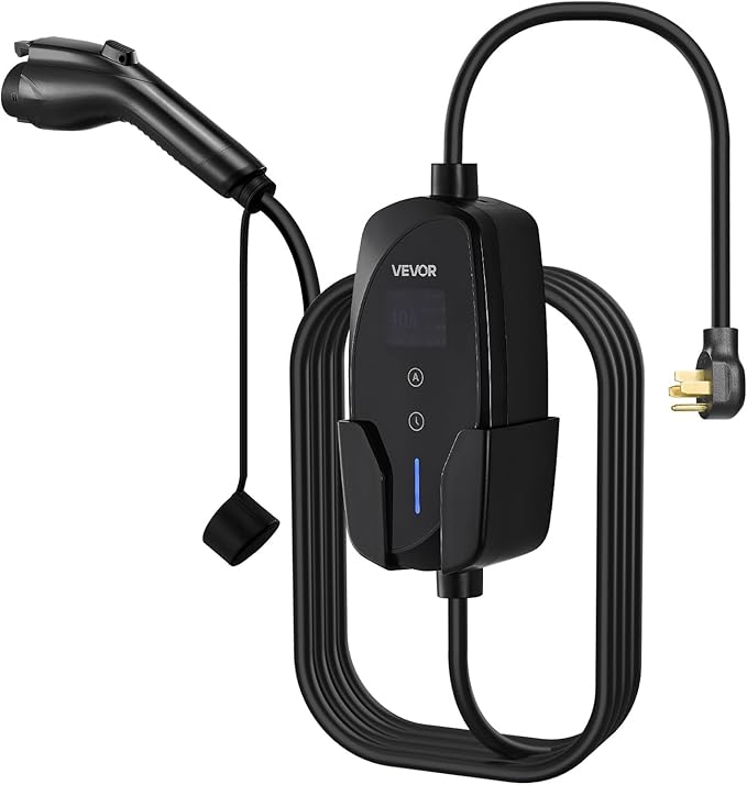 VEVOR Level 2 EV Charger, 40 Amp Adjustable Current, 240V Electric Vehicle Portable Charger with 25 ft Charging Cable, LCD Display, NEMA 14-50P Plug, Plug-in Home Car Charging Station for SAE J1772 EV