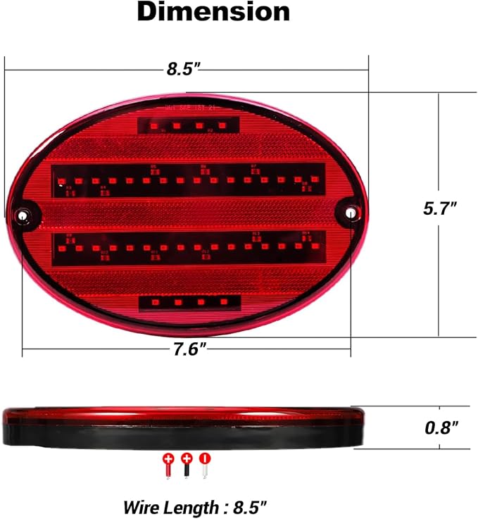 Oval LED Tail Lights 8.5" Length 40LEDs Red LED Brake Stop Turn Tail Lights Surface Mount for Trailer RV Camper Motorhome Airstream, Pack of 2