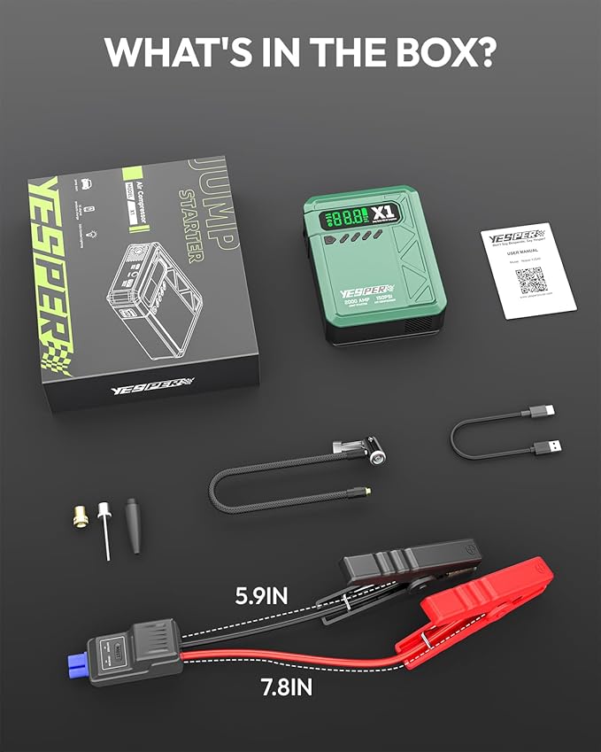 YESPER Jump Starter with Air Compressor 2000A 150PSI Battery Jumper Starter Portable(8L Gas/6L Diesel), 12V Car Jump Pack Battery Charger Jump Box with Jumper Cables, LCD Display, Lights