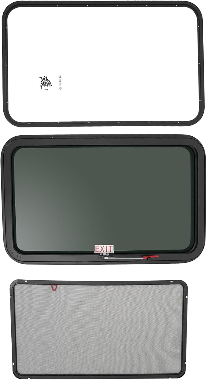RV Exit Window, 36" W x 22" H Aluminum Camper RV Push Side Emergency Window Replacement Tempered Glass W/Trim Ring & Net Screen for Cargo Trailer Camper Van Truck