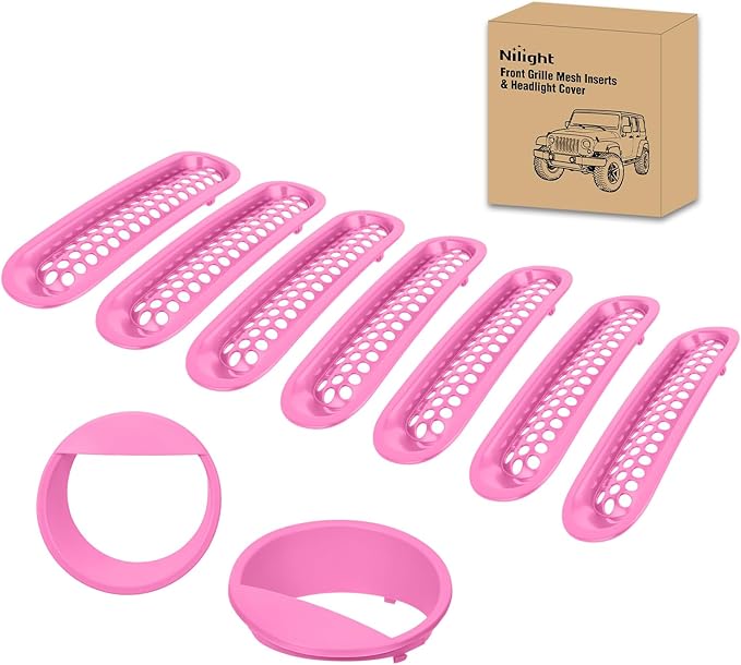 Nilight Grill Inserts fit for Jeep Wrangler Front Grille Mesh Inserts & Headlight Cover Set for JK JKU Unlimited Sports Sahara Freedom Rubicon 2007-2018 Clip-in Trim Exterior Accessories Pink 9 Pcs