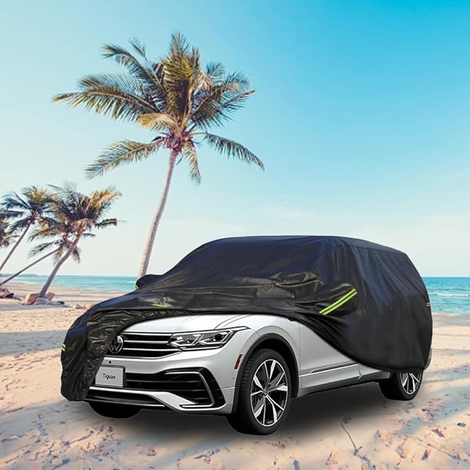 KouKou Waterproof SUV Car Cover Suitable for Volkswagen Tiguan 2020-2025, 7 Layers Windproof All Weather Waterproof Outdoor Cover Sun Rain UV Dust Snow Protection. Black