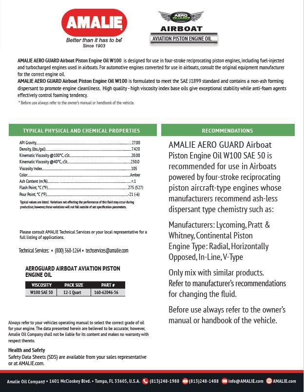AMALIE Airboat Piston Engine Oil W100 SAE 50 (160-62046-56) 1 Quart Bottle, Pack of 12 | Made in USA