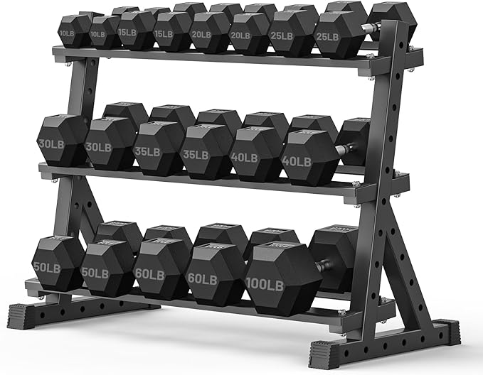 PAPABABE Hex Dumbbell Set with Rack, Rubber Encased Free Weight with Weight Storage Racks, Multiple Weight Options for Home Gym and Fitness