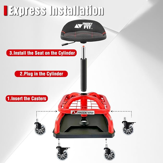 Rolling Shop Stool with Wheels, Garage Work Mechanic Stool with Backrest, Roller Mechanic Chair, Adjustable Height, 360° Swivel, Tool Tray Storage, 330 LBS Capacity, Heavy Duty, Red