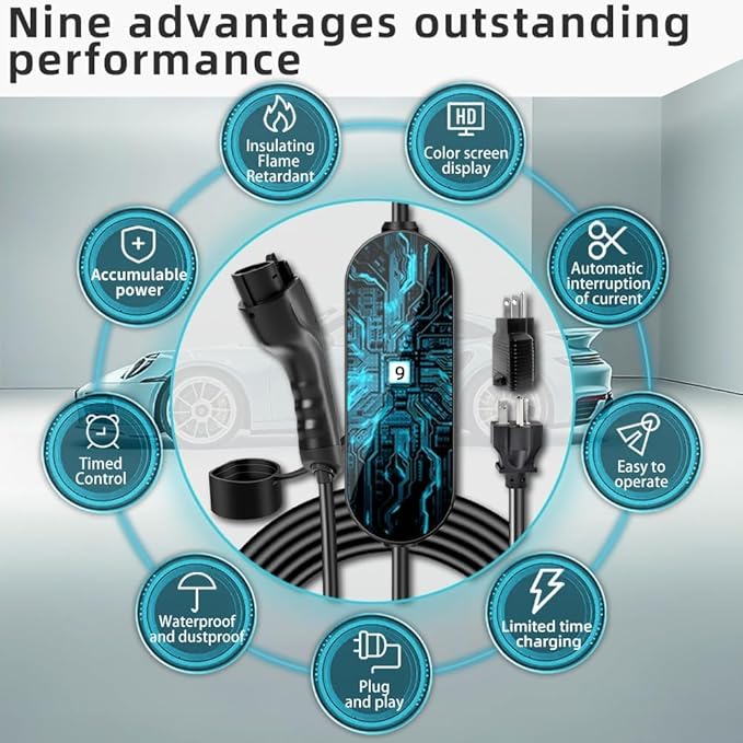 Level 1&2 EV Charger , Electric Vehicle Portable Charger with 32FT Cable,16A Adapter Portable EV Chargers Polymer Materials Cable, Adjustable Current Compatible with BYD and Other PHEV/BEV/EV