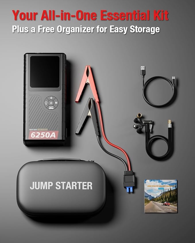 CS02 6250A Peak Jump Starter with Air Compressor, 20000mAh Battery Pack, 8.5L Gas/6.5L Diesel, USB-A Charging, Smart Display, 50 Starts, Safety Protection