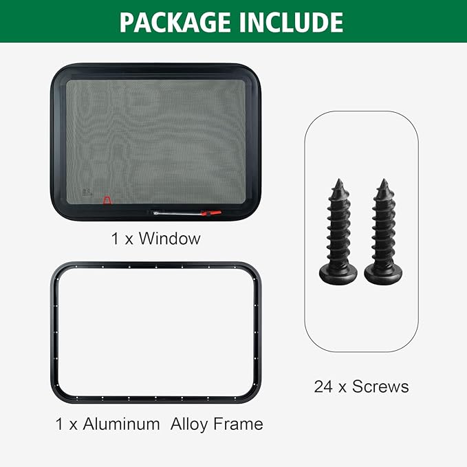 Dulepax RV Exit Window, 30'W x 22' H, Black Tinted Tempered Glass, RV Emergency Exit with Net Screen & Trim Ring