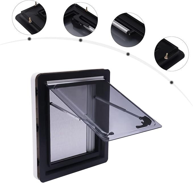 450 × 500 mm(17.72×19.69In) RV Caravan Camper Windows Replacement, Top Hinged Push Out Window Trailer External Push Window RV Trailer Vent Hatch Skylight