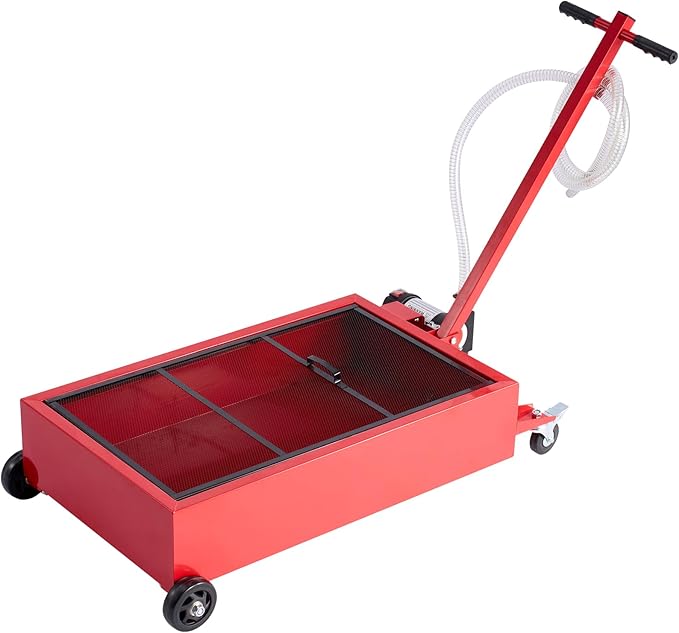 VEVOR Low Profile Oil Drain Pan, 17 Gallon Capacity, Rolling Oil Drain Pan with Electric Pump, 7.2 ft Hose & T Folding Handle, Leak-Proof & Corrosion-Resistant, Fit for Cars, SUVs, Trucks, ATVs, Red