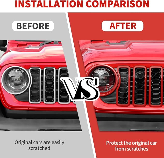 Jimen for 2024 Jeep Wrangler 4xe grill inserts, 9PCS Headlight Cover & Grille Insert Compatible with Jeep Wrangler JL JLU 2024+, NOT FIT JL Sport/Sport S (Red)