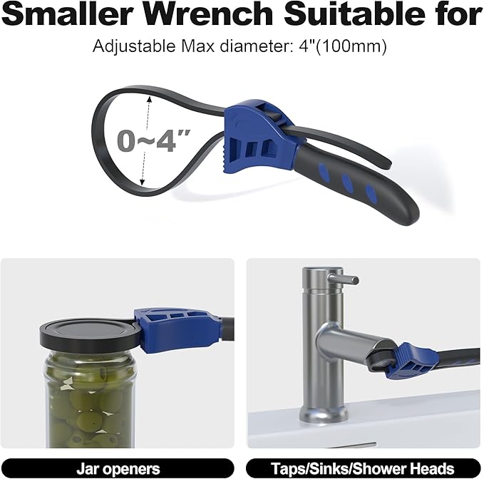 Strap Wrench Set, 2pcs Adjustable Rubber Strap Wrench, Oil Filter Strap Wrench, Max Diameter 4" and 6" with Rubber Belt, Jar Opener for Weak Hands