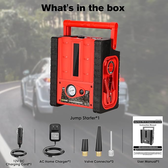 2000A 12V Solar Car Battery Jump Starter-20000 mAh Portable Power Station with 100 PSI Faster Air Compressor, 400W Inverter AC/DC/USB Ports and LED Lights, for Up to 10L Gas and 8.5L Diesel Engine