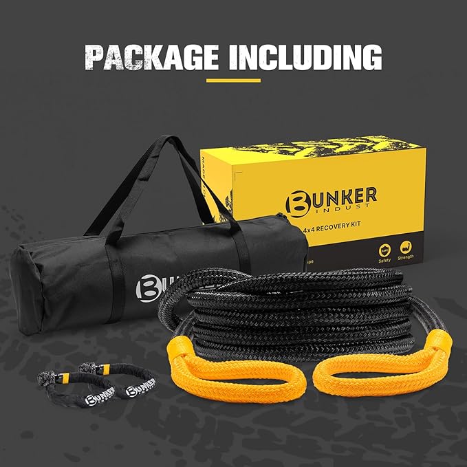 BUNKER INDUST 3/4in×20ft Kinetic Recovery Rope with 2 Soft Shackles Kit, Kinetic Recovery Tow Rope Snatch Strap Off Road Recovery Kit for UTV, ATV, Truck, Car, Jeep, Tractor