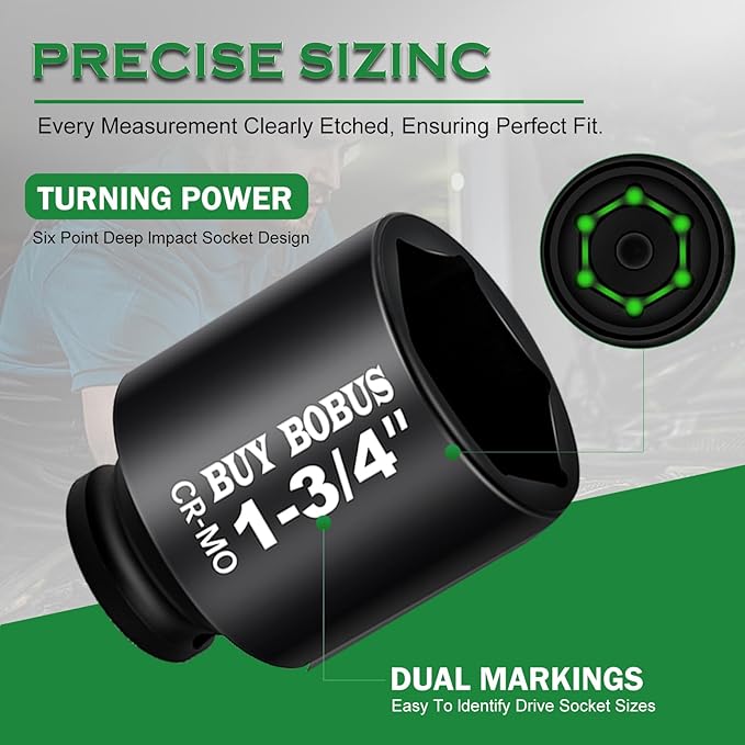 1/2" Drive Impact Socket Set, 9-Piece Standard SAE Deep Axle Nut Sockets, 6-Point, Cr-Mo,1-1/4,1-3/8,1-7/16,1-1/2,1-9/16,1-5/8,1-11/16,1-3/4, Impact Socket Adapter (3/4" x 1/2")