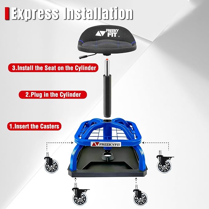 Rolling Shop Stool with Wheels, Garage Work Mechanic Stool with Backrest, Roller Mechanic Chair, Adjustable Height, 360° Swivel, Tool Tray Storage, 330 LBS Capacity, Heavy Duty, Blue