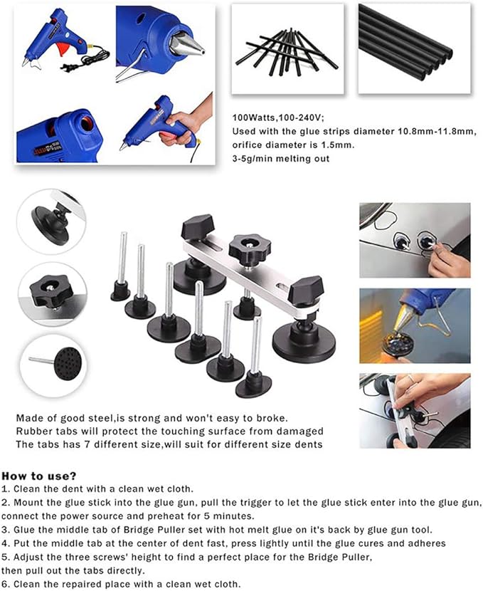 WHDZ Paintless Dent Repair Rods Kit Tools Repair Hammer LED Double Stripe Line Board 21pcs Rods for Car Auto Dent Hail Damage Removal Kit