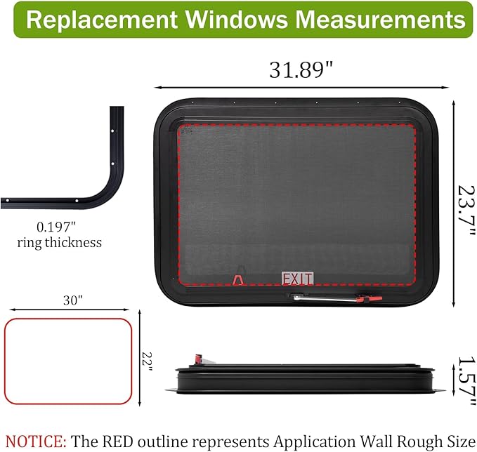 RV Window | 30" W x 22" H | RV Exit Window | Tempered Glass &Trim Set | DOT Certification Qualified