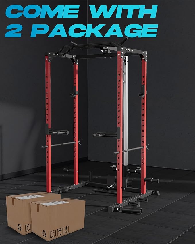 PeakPursuit Power Cage Squat Rack with LAT Pulldown & Low Row, 1200LBS Home Gym Power Rack with J-Hooks, Dip Bars, Pull Up Bar, Landmine, Weight Rack & Cable Pulley System for Strength Training