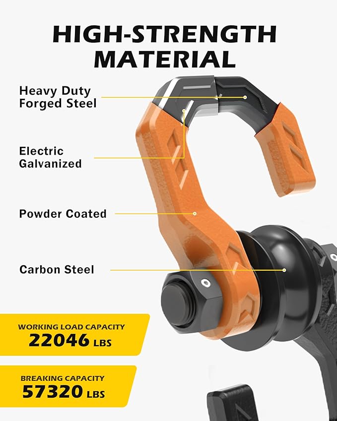 Separate D-Ring Shackle with Pulley Block, Towing Winch Snatch Block & 3/4" Separate D-Ring Shackle 2in1 Set, 57320lbs(26T) Breaking Strength, for Recovery, BlackOrange