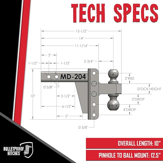 BulletProof Hitches - 2.0" Adjustable Medium Duty Trailer Hitch (14,000 lb. Rating) - 4" Drop/Rise Trailer Hitch with 2" & 2-5/16" Dual Ball - Powder Coat, Box Steel, Corrosion-Resistant