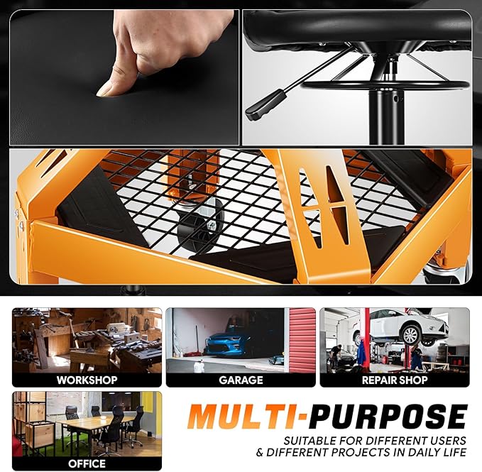 DNA Motoring Rolling Padded Seat Adjustable Height Seat 330lbs Capacity Rolling Mechanic Creeper Stool, W/Tool Storage Drawer & Tray, Black/Yellow,TOOLS-00599