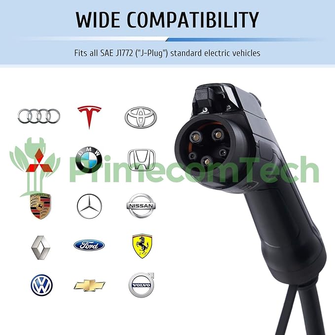PRIMECOM.TECH Level 2 Electric Vehicle (EV) Charger Amperage Adjustable (10Amp - 16Amp - 20Amp - 24Amp - 32Amp) 30Ft Cable EVSE Plug-in Hybrid (50 FT, 10-30P)