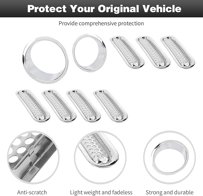 CheroCar for JK Mesh Grille Grill Insert & Headlight Cover Trim Exterior Accessories for Jeep Wrangler JK 2007-2017,Chrome…