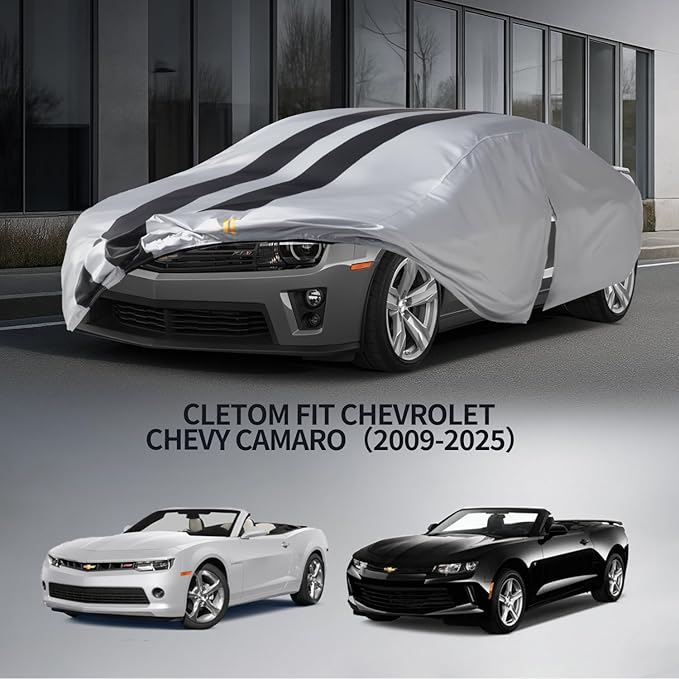 10 Layers Sedan Car Cover Custom Fit for Chevy Camaro(2009-2025), 100% Waterproof All Weather for Automobiles, Gift with Towel, Heavy Duty Car Covers for Rain Sun UV Protection with Door Zipper.