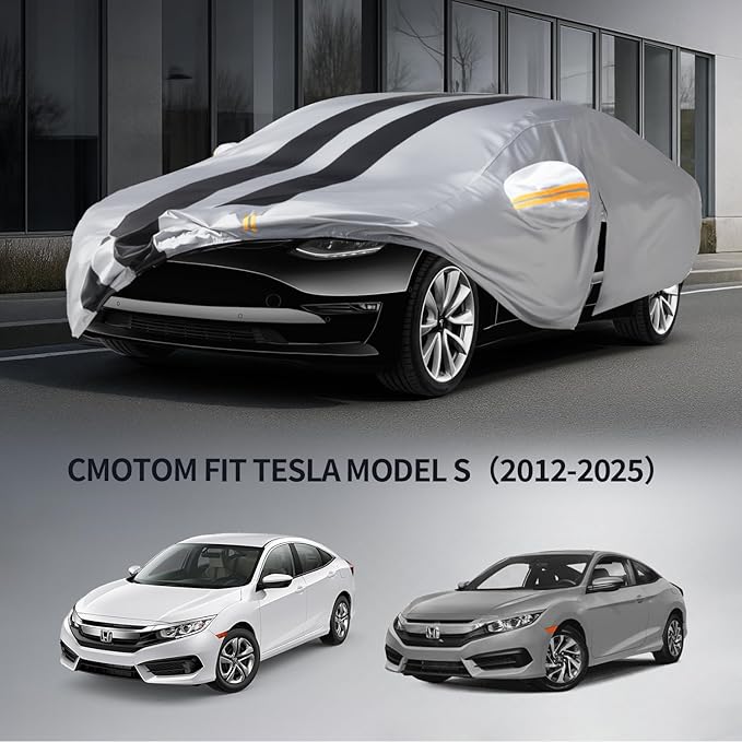 10 Layers Sedan Car Cover Custom Fit for Model S(2012-2025), 100% Waterproof All Weather for Automobiles, Gift with Towel, Heavy Duty Car Covers for Rain Sun UV Protection with Door Zipper.