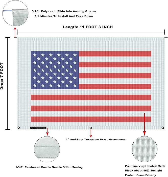 Tentproinc RV Awning Sun Shade Screen 7' X 11' 3'' (American Flag) Gray Mesh Sunshade Camper Trailer Awning Shade Screen UV Blocker Completed Kits