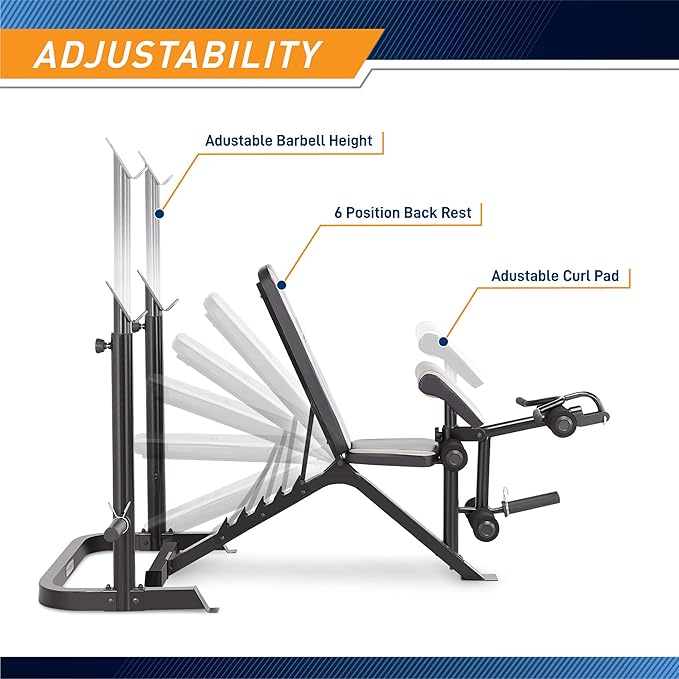 Marcy Olympic Workout Bench for Home Gym Strength Training Equipment with Preacher Curl Pad and Weight Rack Storage, White/Black
