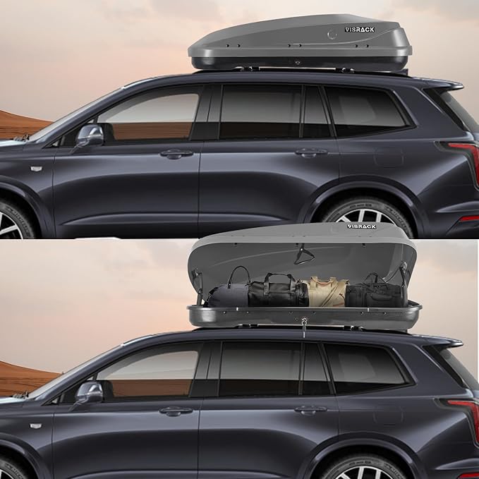 Gray Rooftop Cargo Box Carrier Large 13 Cubic Feet Car Top Mount Travel Luggage Storage, Dual Side Opening, Roof Cargo Boxes Waterproof Rooftop Storage Box Extra Keys, Straps
