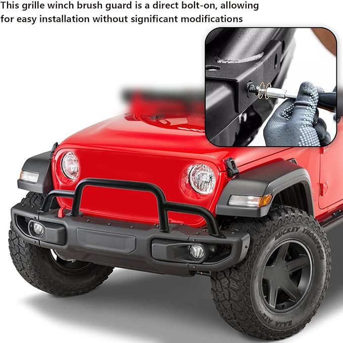 Grille Winch Brush Guard for Jeep Wrangler JL, Gladiator, JT (2018-2024) - Triple Hoop Bumper Bar Winch/Front Bumper Brush Guard Bull Bar, Replaces Part #82216474AA