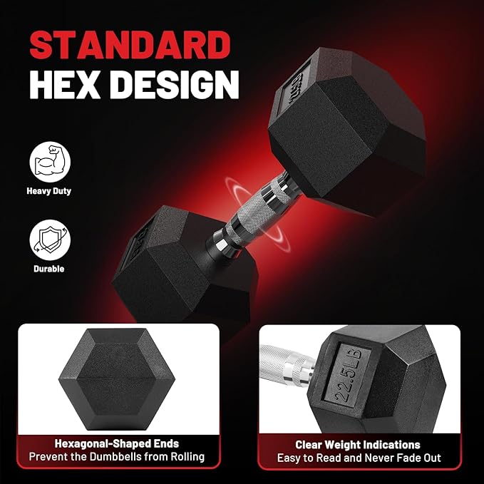PAPABABE HEX Dumbbell Set 2.5-125lb, Rubber Encased Home Gym Dumbbells, Exercise & Fitness Weights Dumbbells for Women & Men, Hand Weight for Strength Training